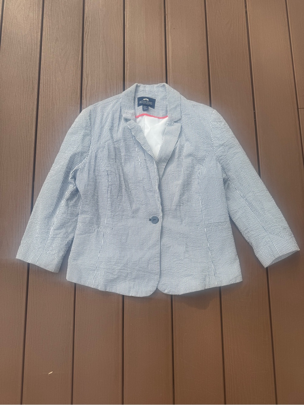 British Khaki Blue/White Pinstripe Seersucker Cotton Women's Blazer XL Preppy